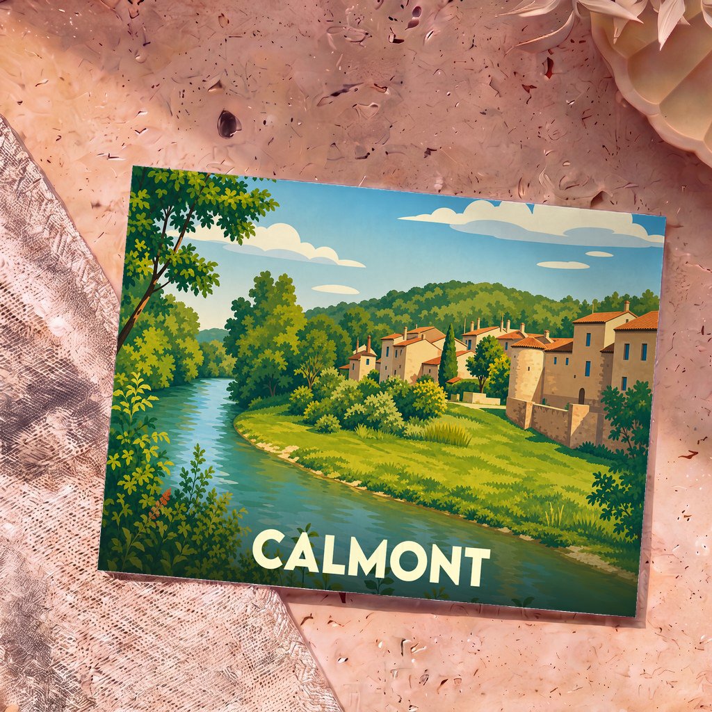 Carte postale souvenir de la ville de Calmont avec une illustration stylisée d'un village en bord de rivière.