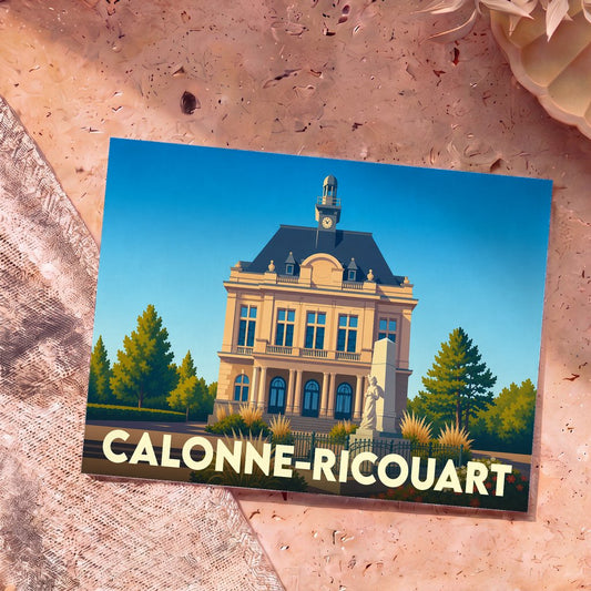 Carte postale souvenir de la ville de Calonne-Ricouart illustrant son hôtel de ville dans un style graphique épuré.