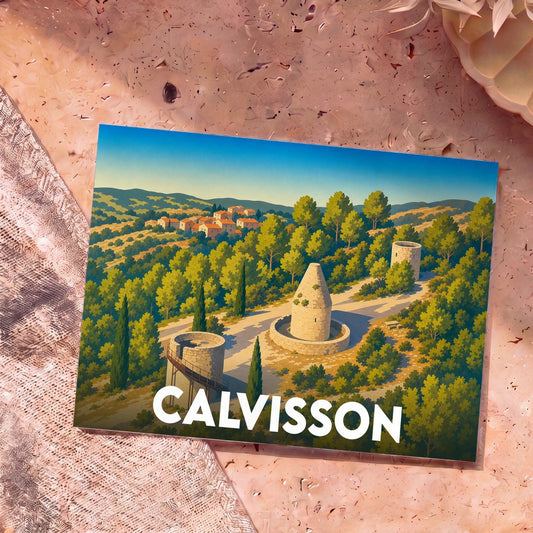 Carte postale souvenir de la ville de Calvisson avec une illustration stylisée de ses moulins et de son paysage vallonné.