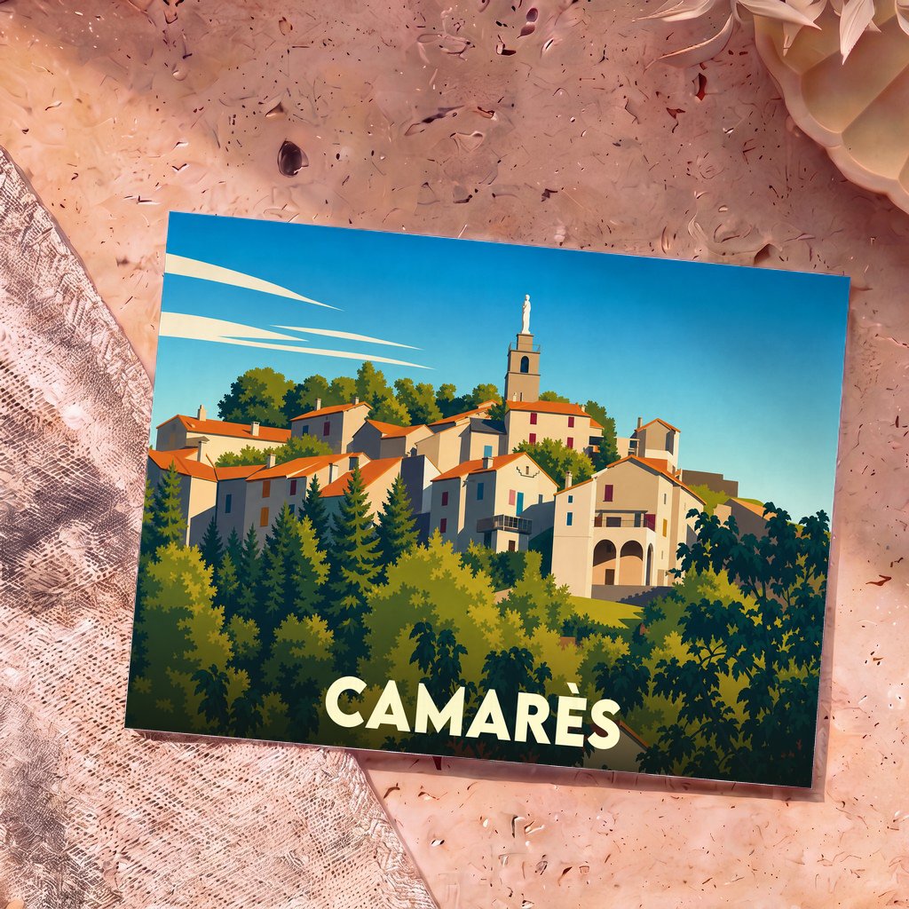 Carte postale souvenir de la ville de Camarès avec une illustration stylisée d'un village perché.