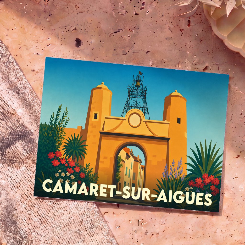 Carte postale souvenir de la ville de Camaret-sur-Aigues avec une illustration stylisée de sa porte fortifiée.