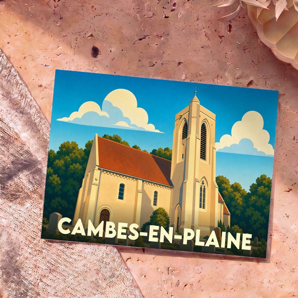Carte postale souvenir de la ville de Cambes-en-Plaine avec une illustration stylisée de son église sous un ciel azur.