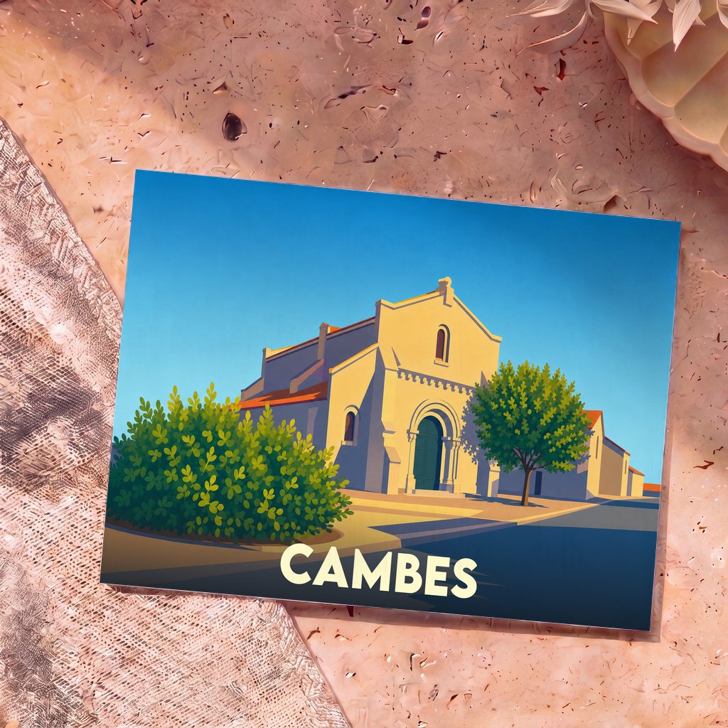 Carte postale souvenir de la ville de Cambes avec une illustration stylisée de son église sous un ciel bleu.