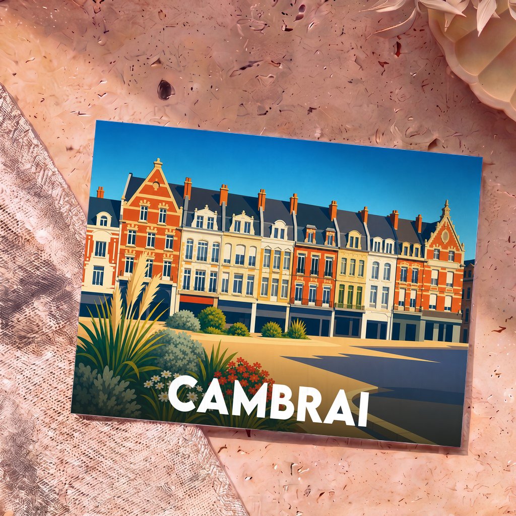 Carte postale souvenir de la ville de Cambrai présentant une illustration stylisée de ses façades colorées.