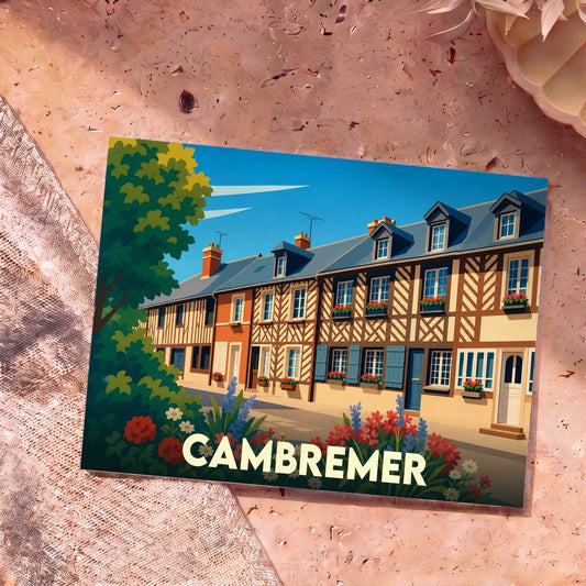 Carte postale souvenir de la ville de Cambremer avec une illustration stylisée de maisons à colombages.