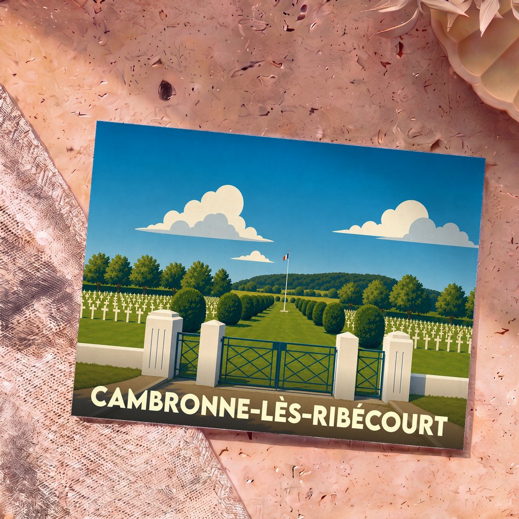 Carte postale souvenir de la ville de Cambronne-lès-Ribécourt illustrant son cimetière militaire français sous un ciel bleu.