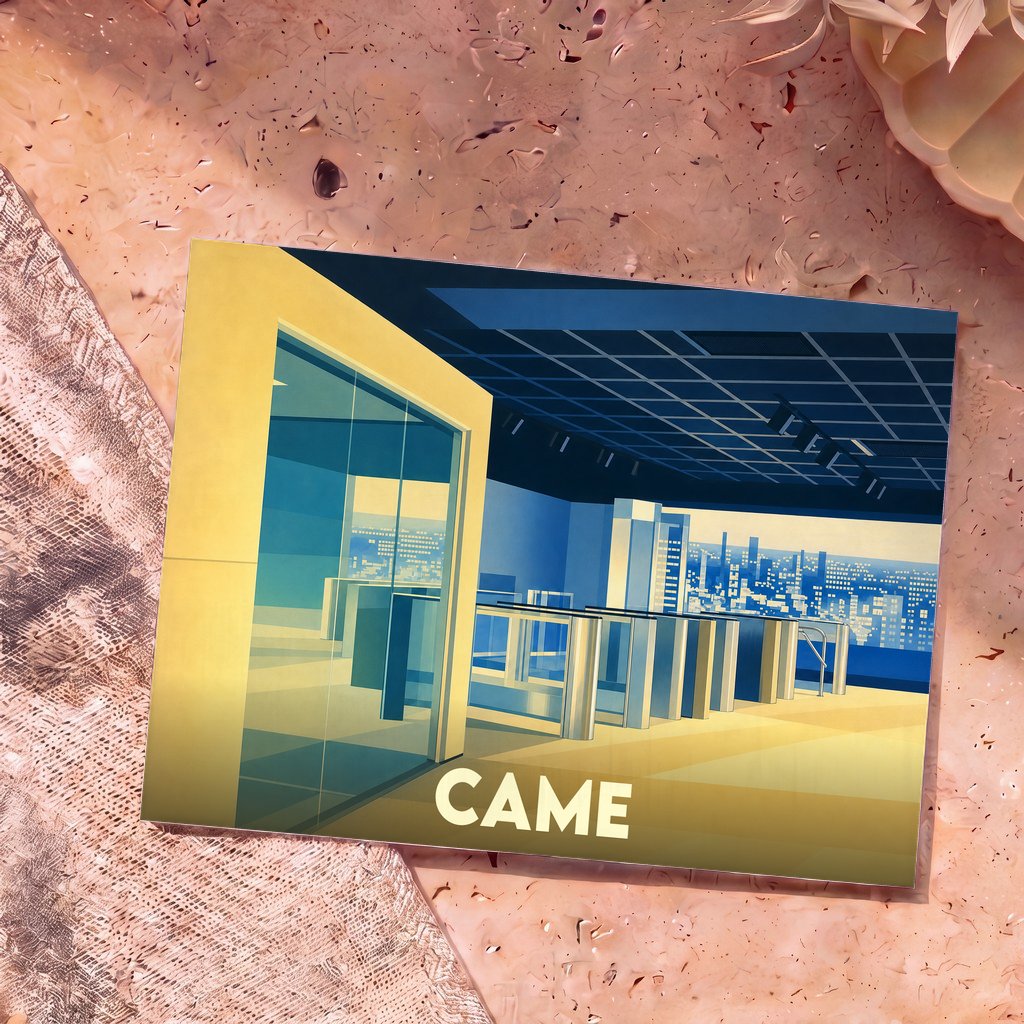 Carte postale souvenir de la ville de Came avec une illustration stylisée d'un hall moderne.