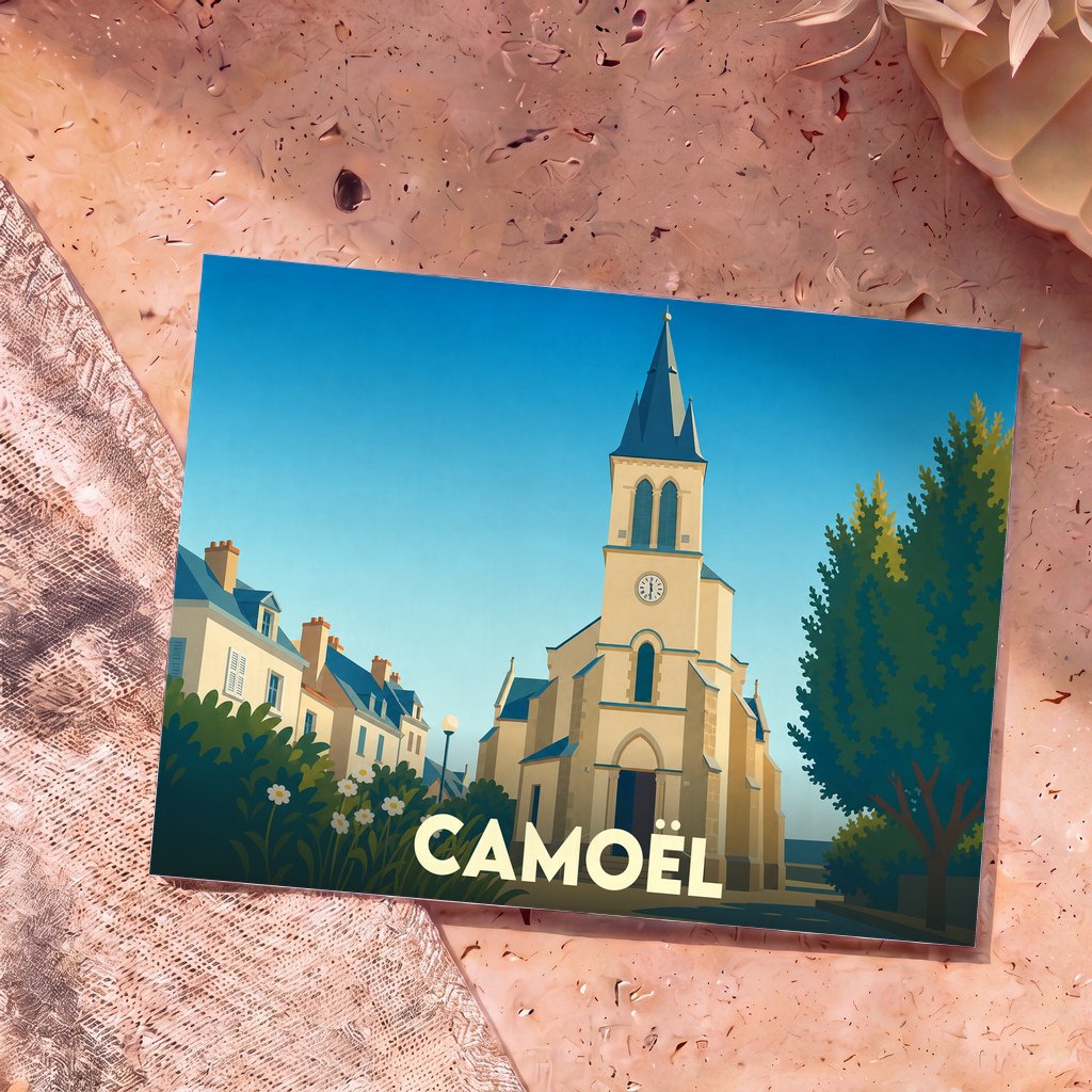 Carte postale souvenir de la ville de Camoël avec une illustration stylisée de son église et de ses maisons.