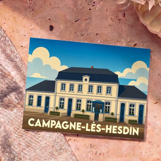Carte postale souvenir de la ville de Campagne-lès-Hesdin avec une illustration stylisée de sa mairie.