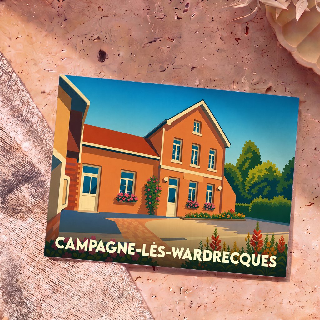 Carte postale souvenir de la ville de Campagne-lès-Wardrecques avec une illustration stylisée d'une maison traditionnelle.