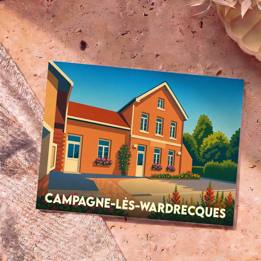 Carte postale souvenir de la ville de Campagne-lès-Wardrecques avec une illustration stylisée d'une maison traditionnelle.