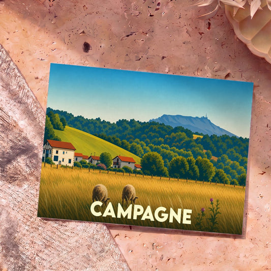 Carte postale souvenir de la ville de Campagne avec une illustration stylisée de paysages vallonnés et de moutons.