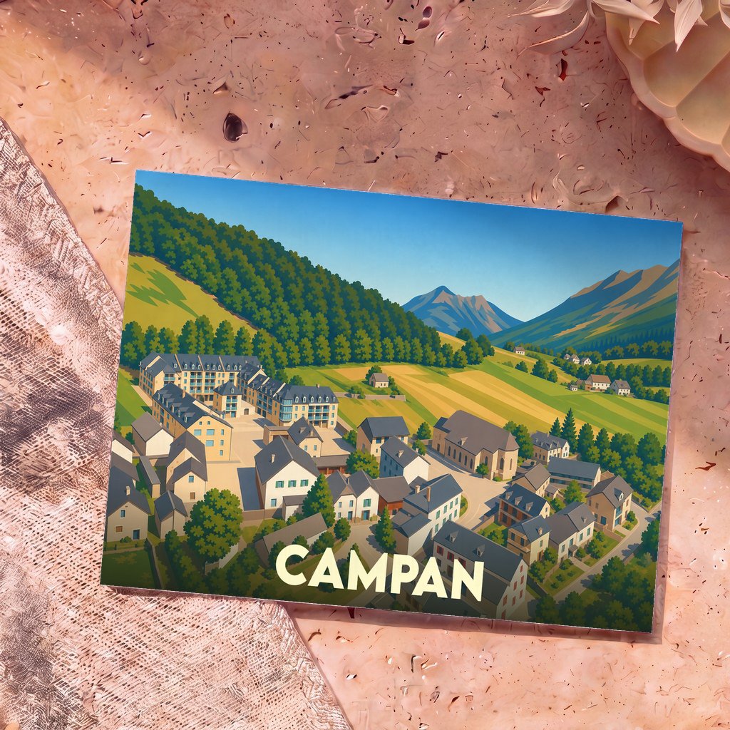 Carte postale souvenir de la ville de Campan avec une illustration stylisée d'un village de montagne.