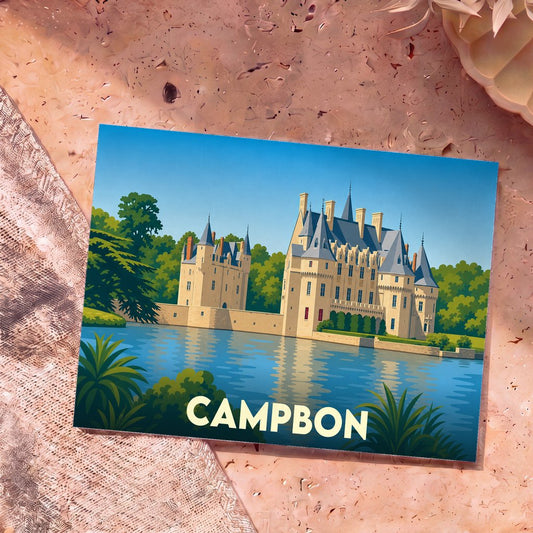 Carte postale souvenir de la ville de Campbon arborant une illustration stylisée d'un château au bord de l'eau.