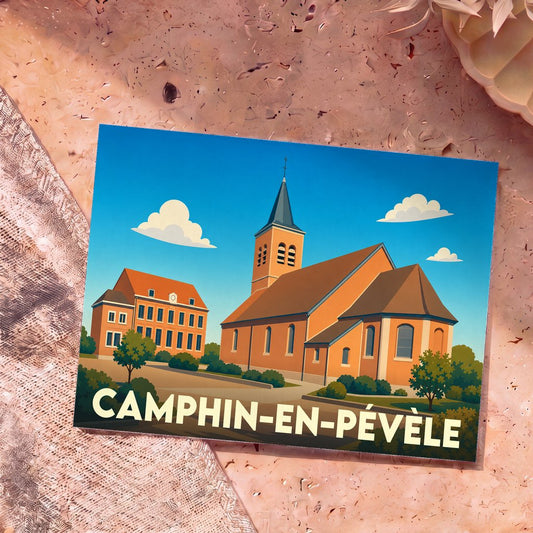 Carte postale souvenir de la ville de Camphin-en-Pévèle avec une illustration stylisée de son église.