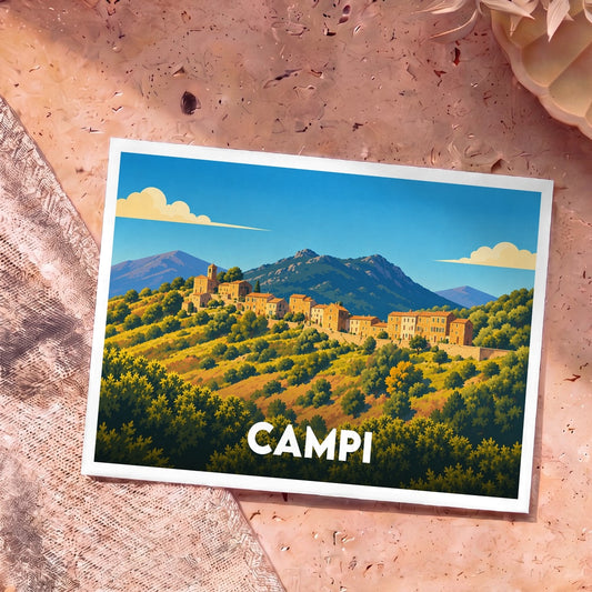 Carte postale souvenir de la ville de Campi avec une illustration stylisée d'un village perché en montagne.