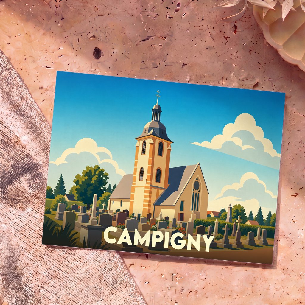 Carte postale souvenir de la ville de Campigny avec une illustration stylisée de son église et de son cimetière.