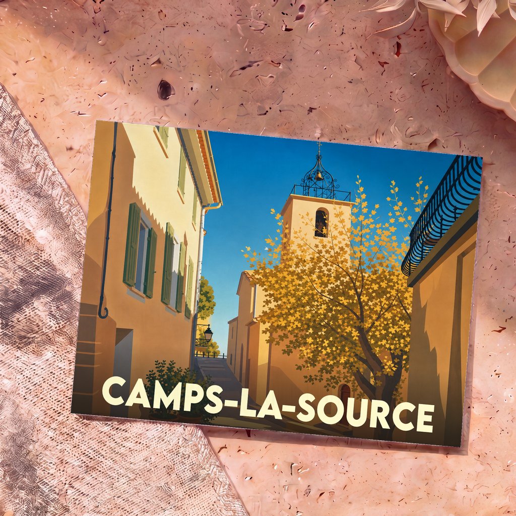 Carte postale souvenir de la ville de Camps-la-Source avec une illustration stylisée d'une ruelle provençale ensoleillée.