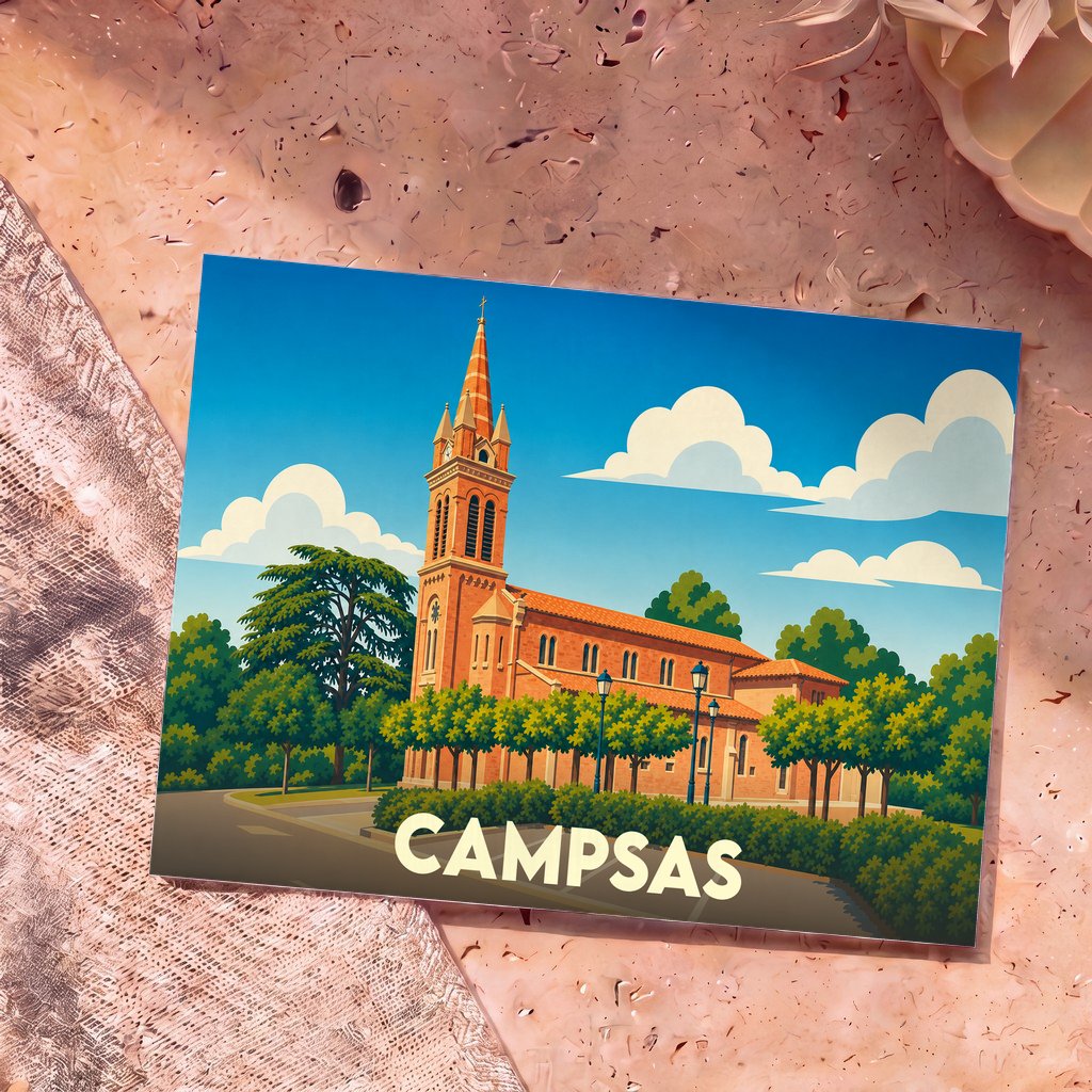Carte postale souvenir de la ville de Campsas avec une illustration stylisée de son église sous un ciel bleu.