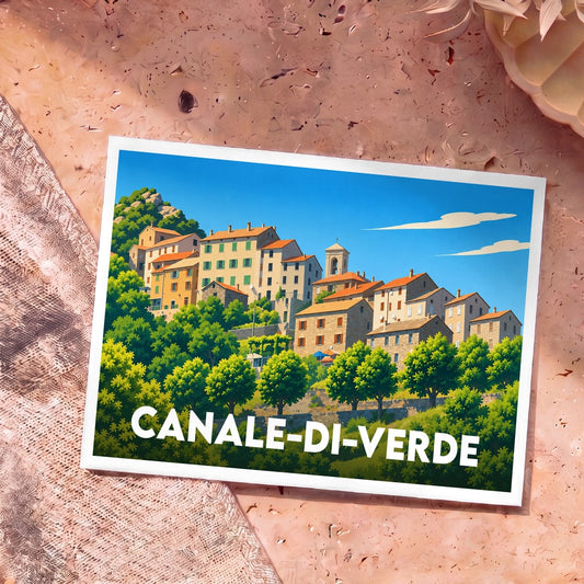 Carte postale souvenir de Canale-di-Verde illustrant le village corse dans un style graphique coloré.