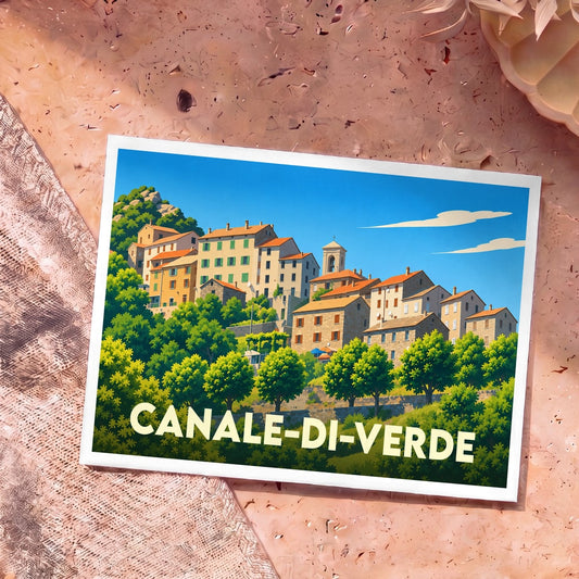 Carte postale souvenir de Canale-di-Verde illustrant le village corse dans un style graphique coloré.