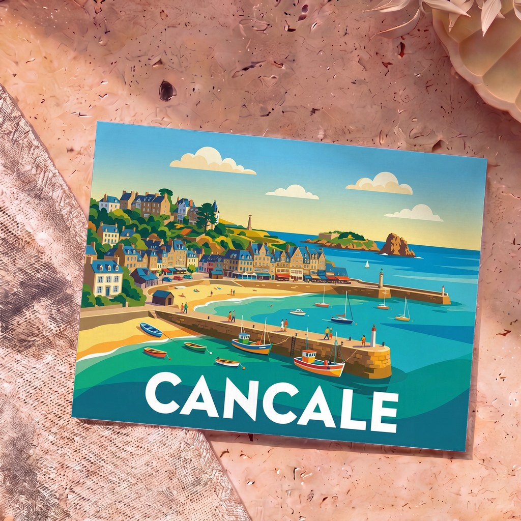 Carte postale souvenir de la ville de Cancale avec une illustration stylisée et colorée de son port et de son front de mer.