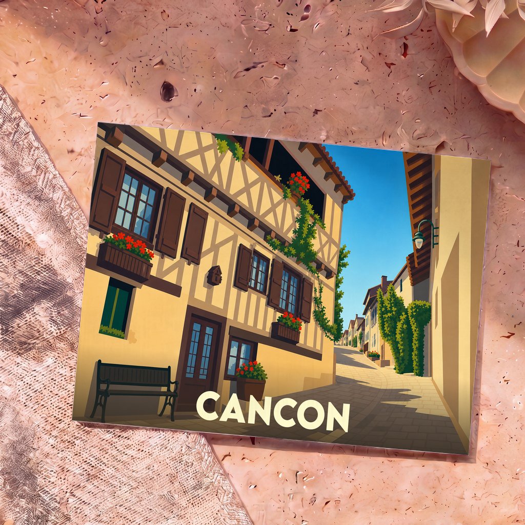 Carte postale souvenir de la ville de Cancon avec une illustration stylisée d'une ruelle pittoresque.