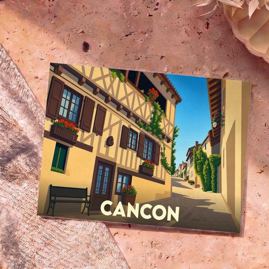 Carte postale souvenir de la ville de Cancon avec une illustration stylisée d'une ruelle pittoresque.