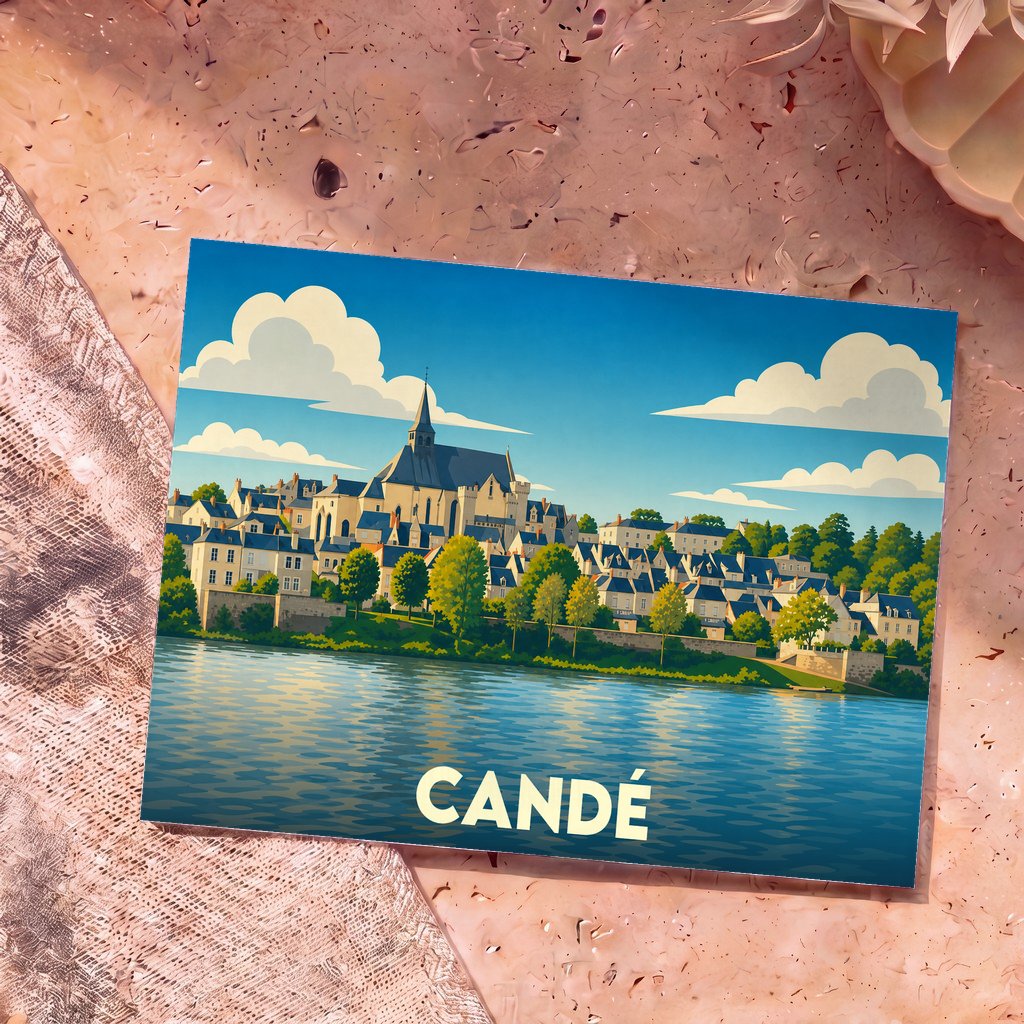 Carte postale souvenir de la ville de Candé avec une illustration stylisée de ses bâtiments en bord de rivière.