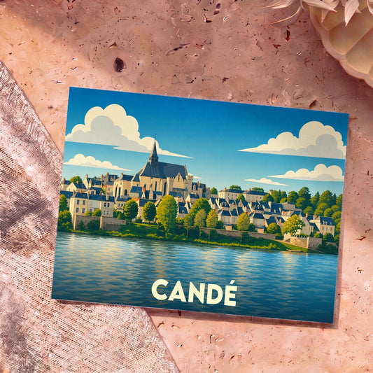 Carte postale souvenir de la ville de Candé avec une illustration stylisée de ses bâtiments en bord de rivière.