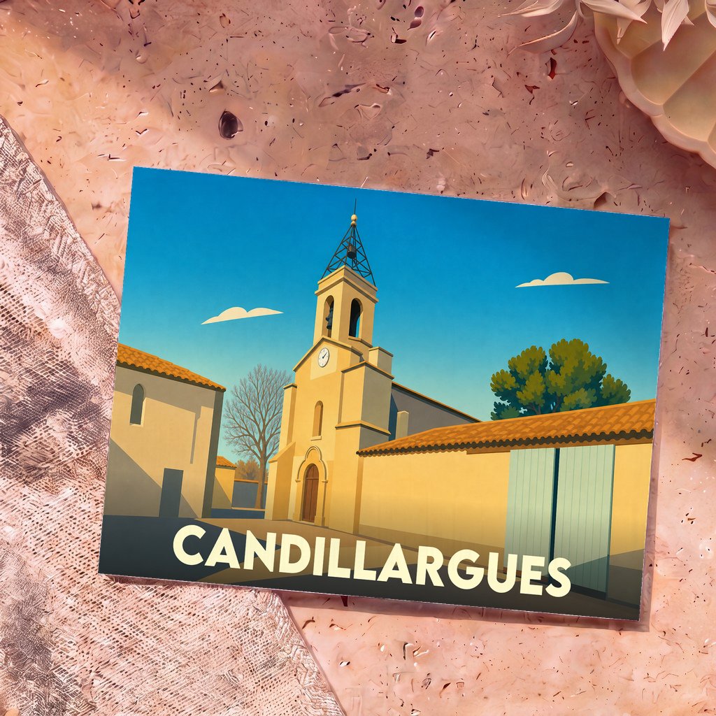 Carte postale souvenir de la ville de Candillargues avec une illustration stylisée de son église sous un ciel bleu.