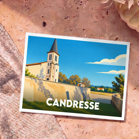 Carte postale souvenir de la ville de Candresse illustrant son église avec un style graphique épuré.