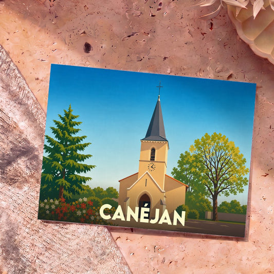 Carte postale souvenir de la ville de Canéjan avec une illustration stylisée de son église.