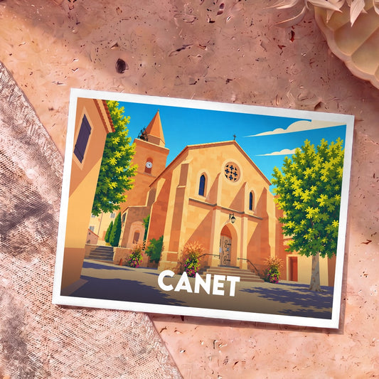 Carte postale souvenir de la ville de Canet avec une illustration stylisée de son église sous un ciel bleu.