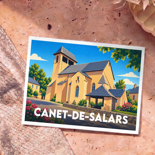 Carte postale souvenir de la ville de Canet-de-Salars avec une illustration stylisée de son église.