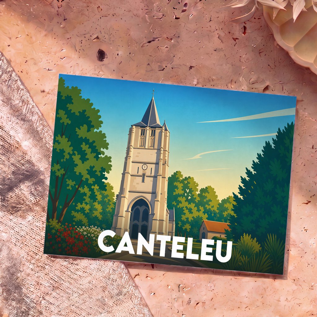 Carte postale souvenir de la ville de Canteleu avec une illustration stylisée de son église entourée de verdure.