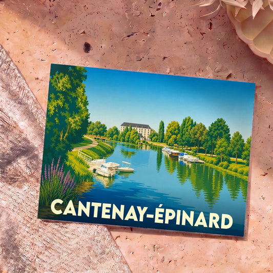 Carte postale souvenir de la ville de Cantenay-Épinard avec une illustration stylisée d'un bord de rivière paisible.
