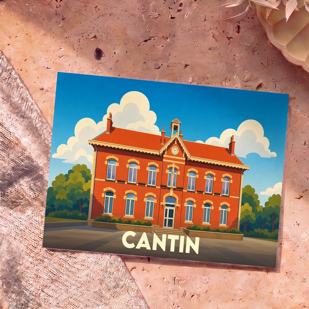 Carte postale souvenir de la ville de Cantin avec une illustration stylisée de son hôtel de ville.