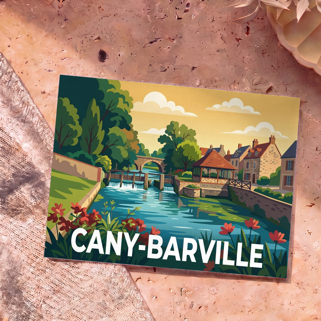 Carte postale souvenir de la ville de Cany-Barville avec une illustration colorée et stylisée de ses bords de rivière.