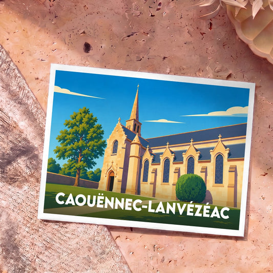 Carte postale souvenir de Caouënnec-Lanvézéac avec une illustration stylisée de son église sous un ciel bleu.