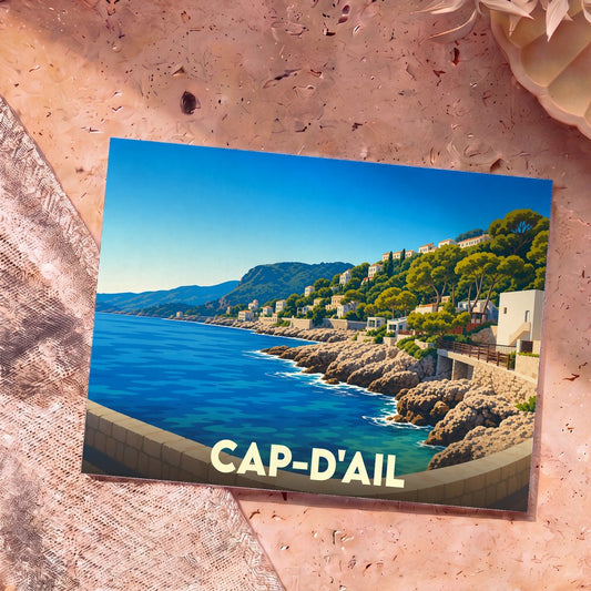 Carte postale souvenir de Cap-d'Ail illustrant son littoral escarpé et sa mer azur dans un style graphique épuré.