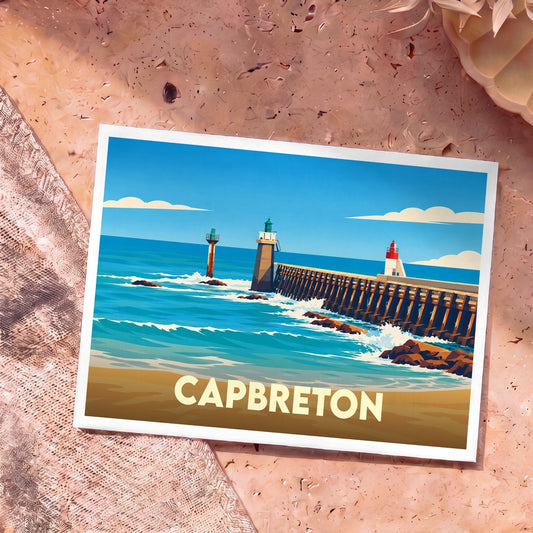 Carte postale souvenir de la ville de Capbreton représentant une illustration stylisée de son emblématique estacade.
