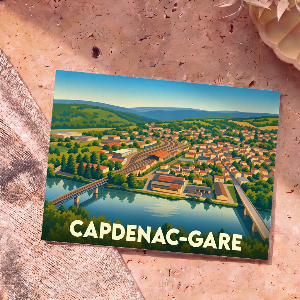 Carte postale souvenir de la ville de Capdenac-Gare avec une illustration stylisée.
