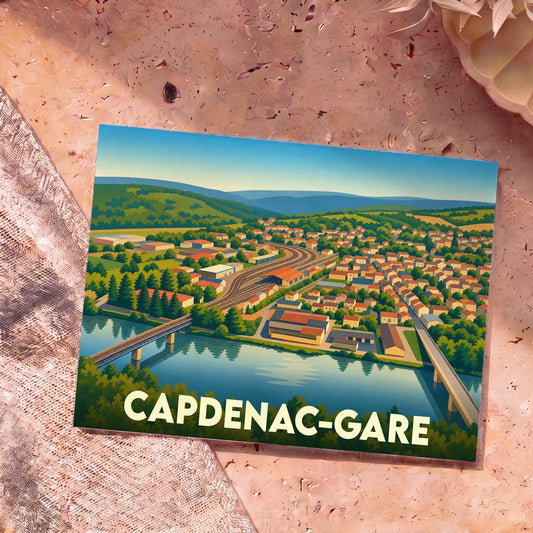Carte postale souvenir de la ville de Capdenac-Gare avec une illustration stylisée.