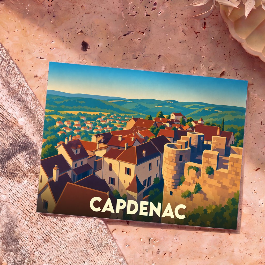 Carte postale souvenir de la ville de Capdenac avec une illustration stylisée montrant ses remparts et ses toits pittoresques.