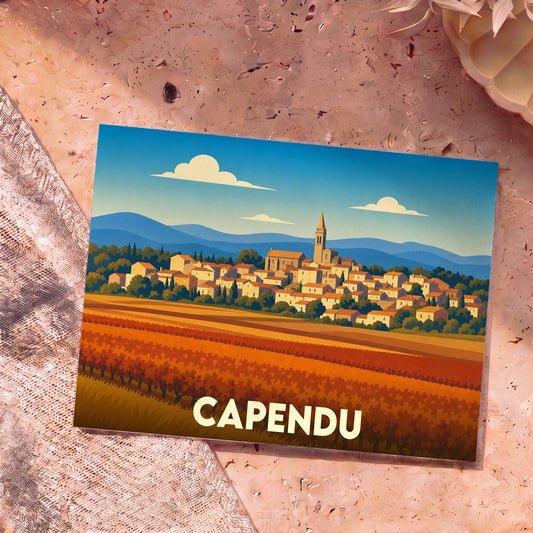 Carte postale souvenir de la ville de Capendu avec une illustration stylisée d'un village et de vignobles.