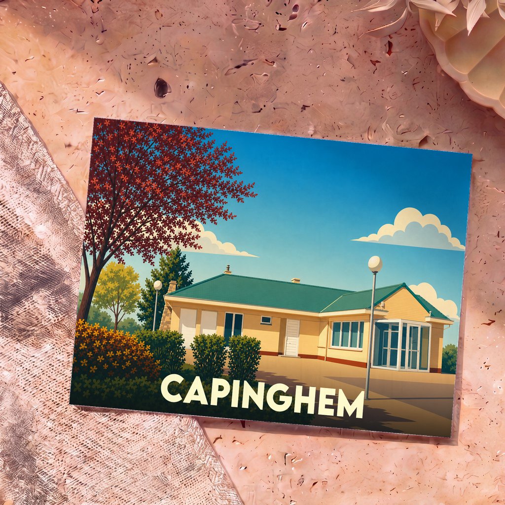 Carte postale souvenir de la ville de Capinghem avec une illustration stylisée d'une maison sous un ciel bleu.
