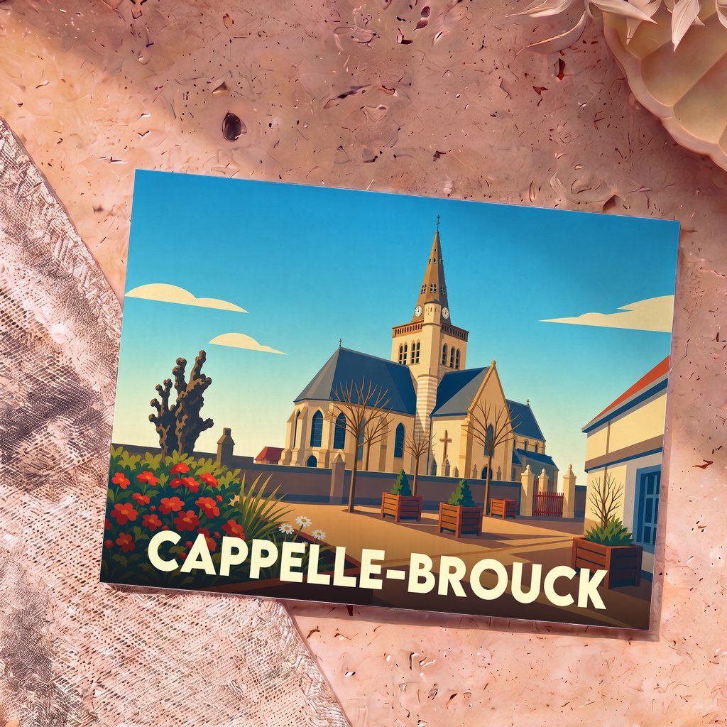 Carte postale souvenir de la ville de Cappelle-Brouck illustrant son église dans un style graphique épuré.