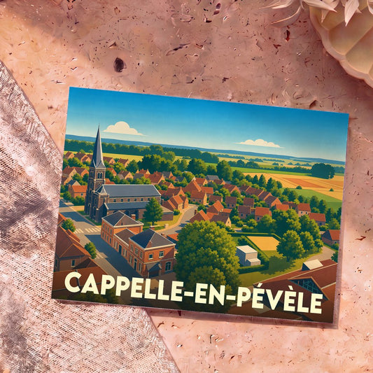 Carte postale souvenir de la ville de Cappelle-en-Pévèle avec une illustration stylisée.