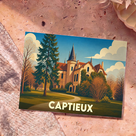 Carte postale souvenir de la ville de Captieux illustrant un château entouré de nature dans un style rétro.